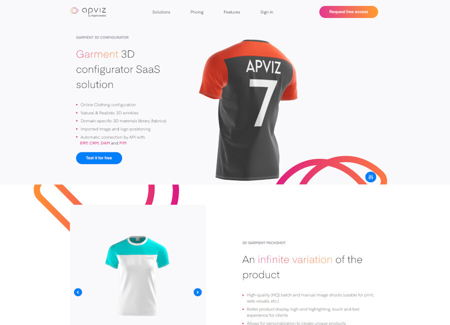 Screen of the apviz website, garment 3D configurator section